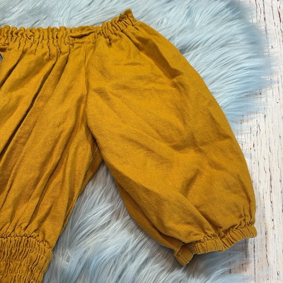 Zara Linen Off The Shoulder Smocked Mustard Dress sz S - Picture 5 of 10